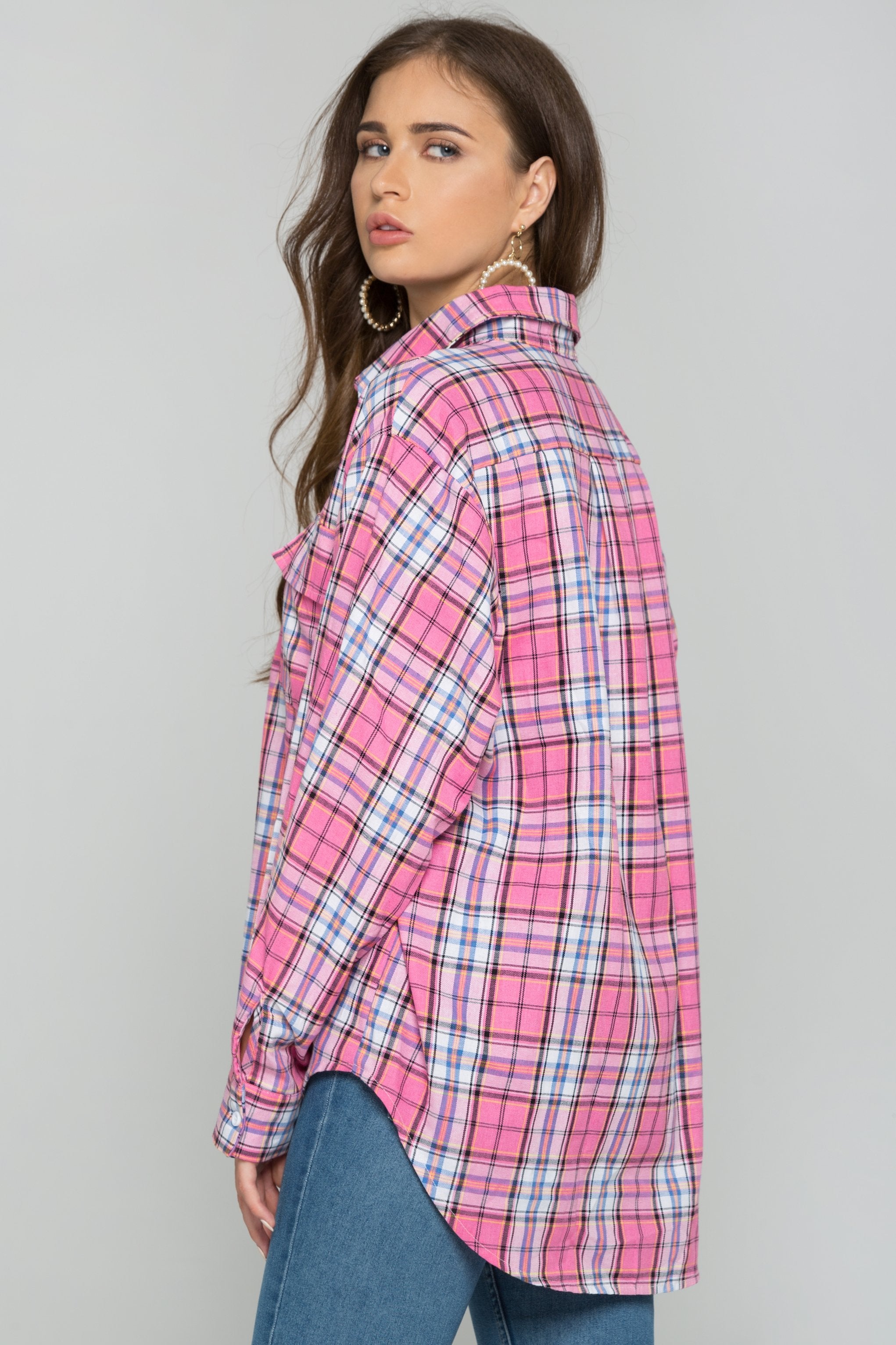 Pink Plaid Front Pocket Button Up Top