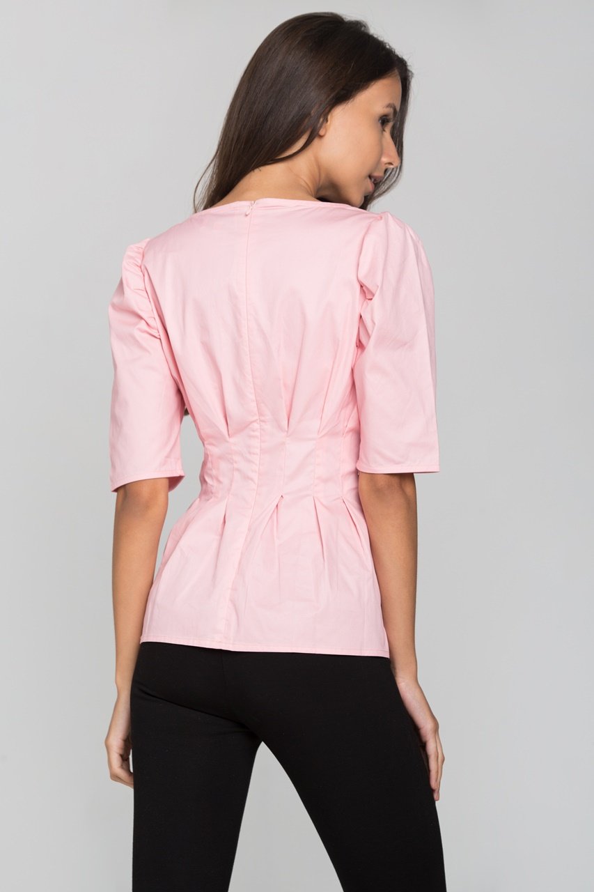 Pink Pleated Waist Puff Sleeves Top
