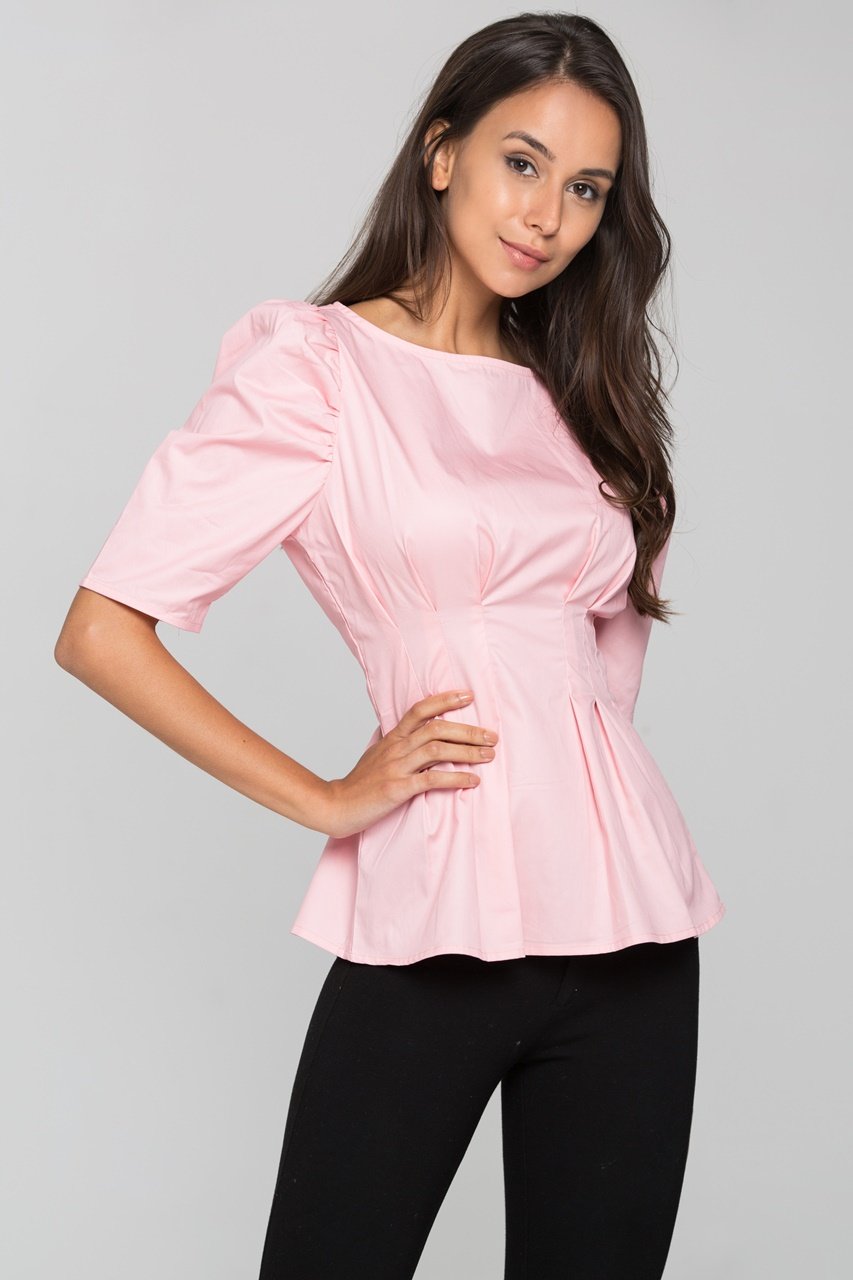 Pink Pleated Waist Puff Sleeves Top