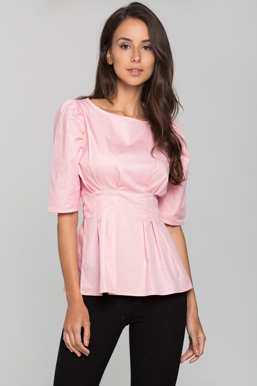 Pink Pleated Waist Puff Sleeves Top