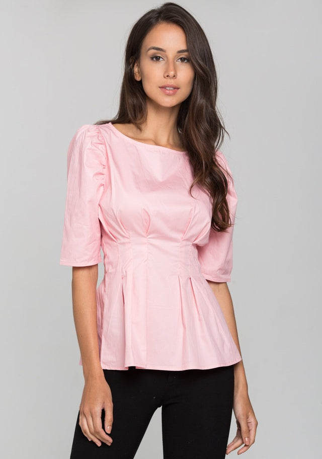Pink Pleated Waist Puff Sleeves Top