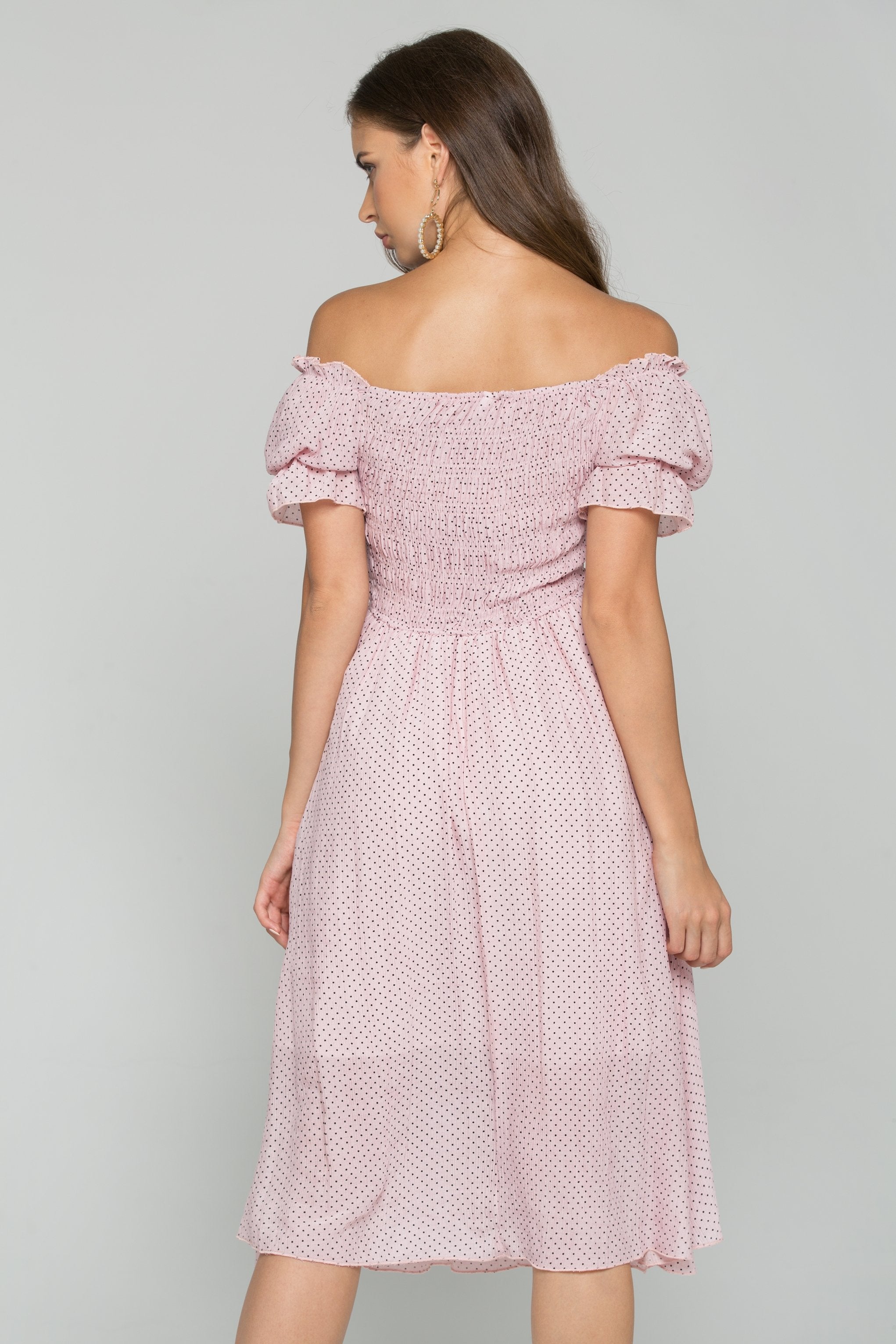 Pink Polka Dot Print Ruffled Off-the-Shoulder Ruched Pleated Midi Dress