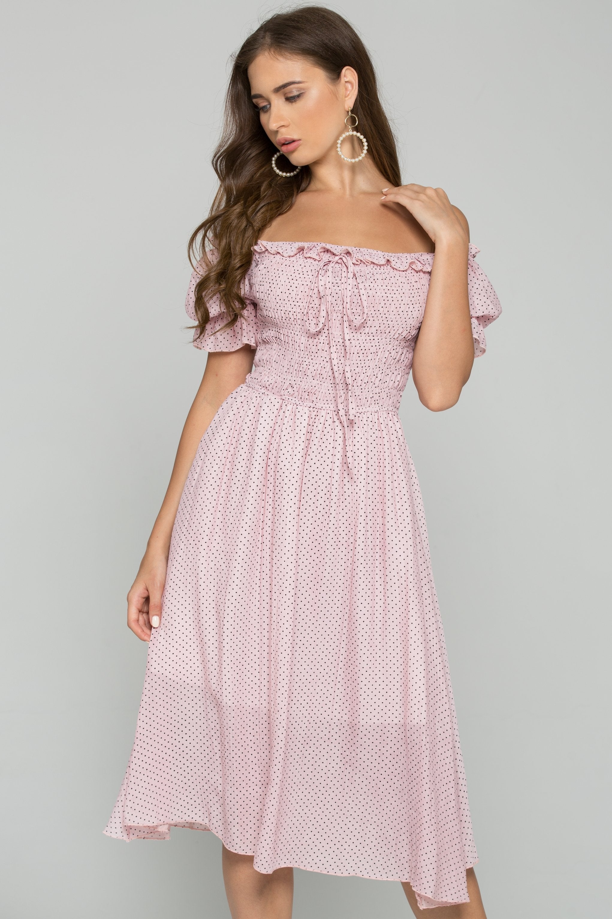 Pink Polka Dot Print Ruffled Off-the-Shoulder Ruched Pleated Midi Dress
