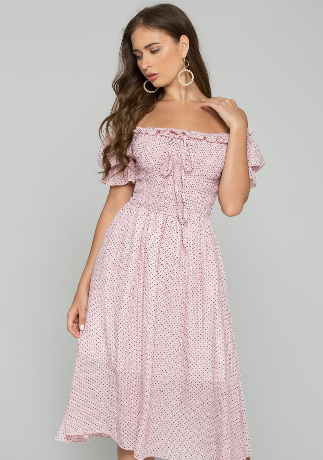 Pink Polka Dot Print Ruffled Off-the-Shoulder Ruched Pleated Midi Dress