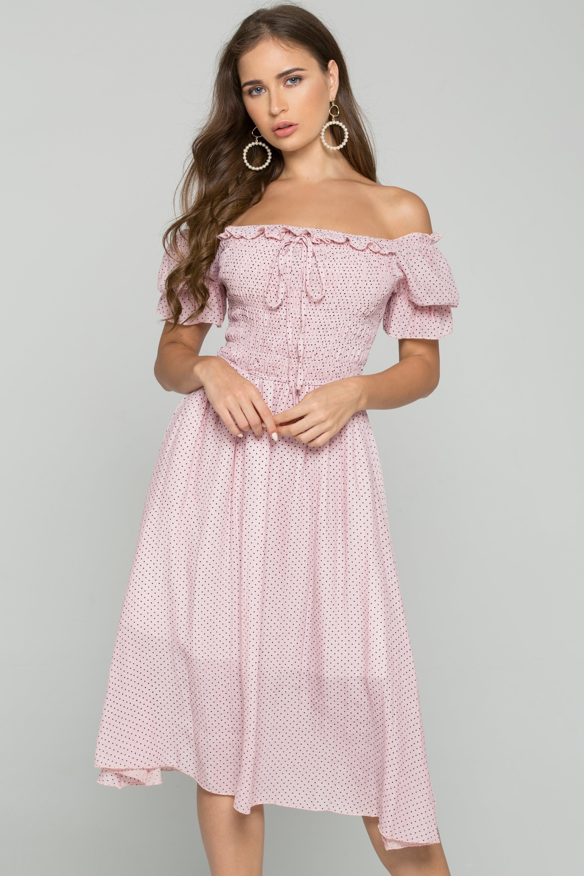 Pink Polka Dot Print Ruffled Off-the-Shoulder Ruched Pleated Midi Dress