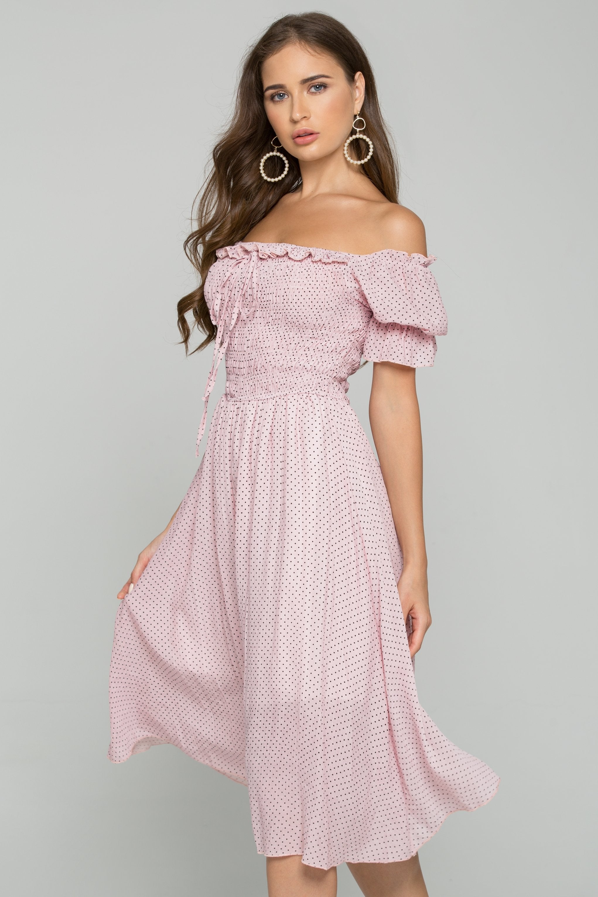 Pink Polka Dot Print Ruffled Off-the-Shoulder Ruched Pleated Midi Dress