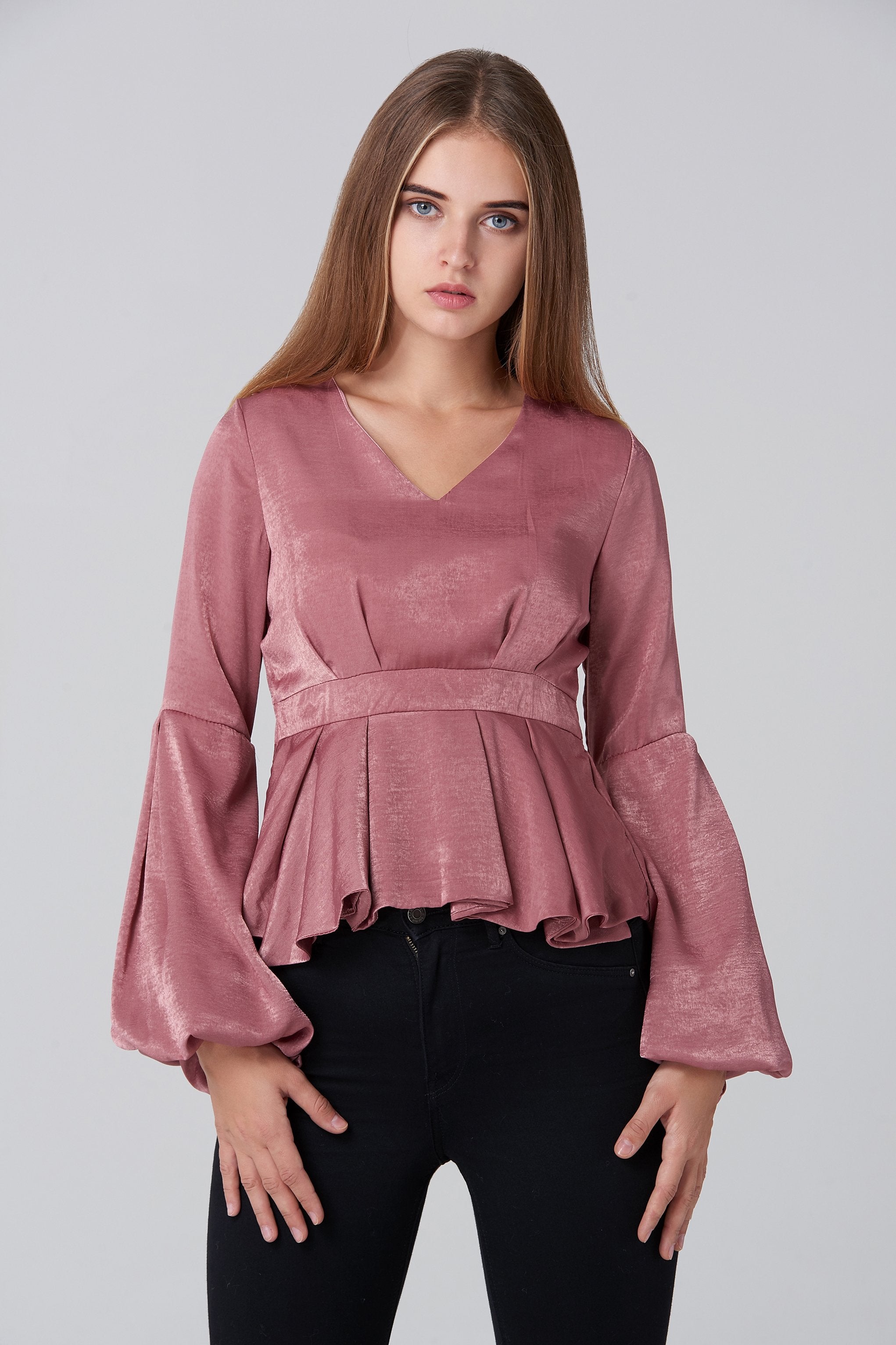 Pink Silk Flare Sleeves Peplum Top