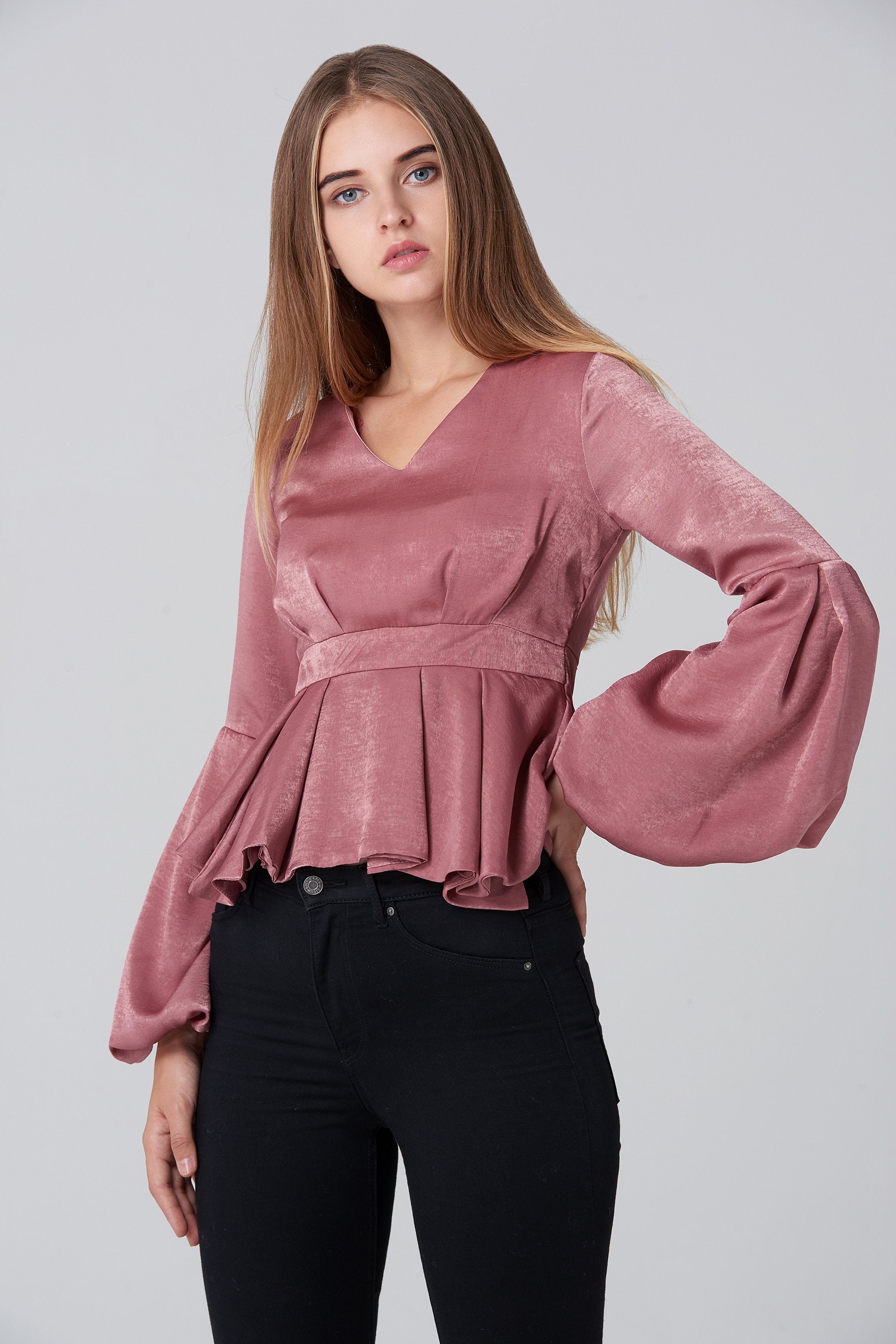 Pink Silk Flare Sleeves Peplum Top
