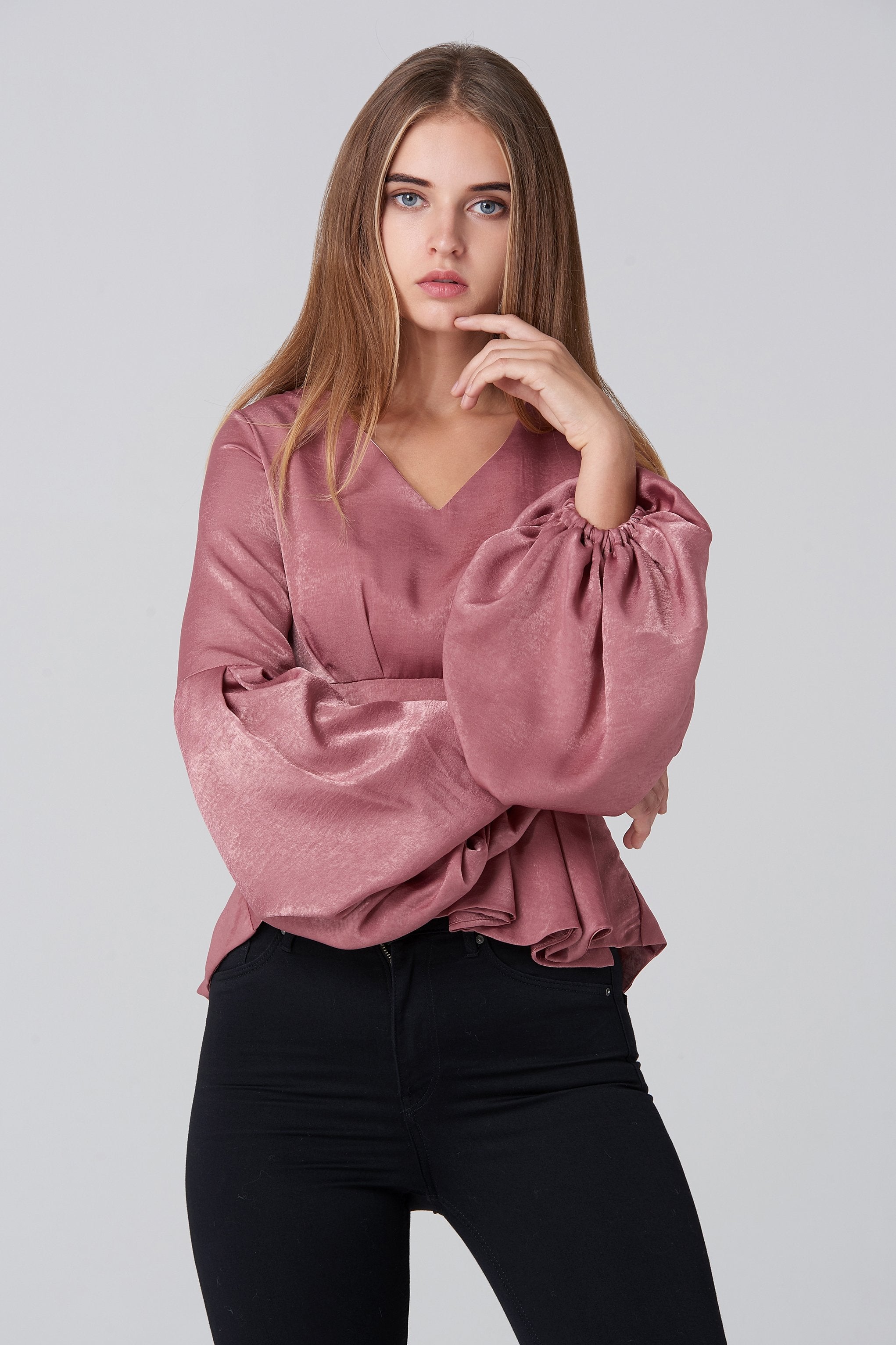 Pink Silk Flare Sleeves Peplum Top