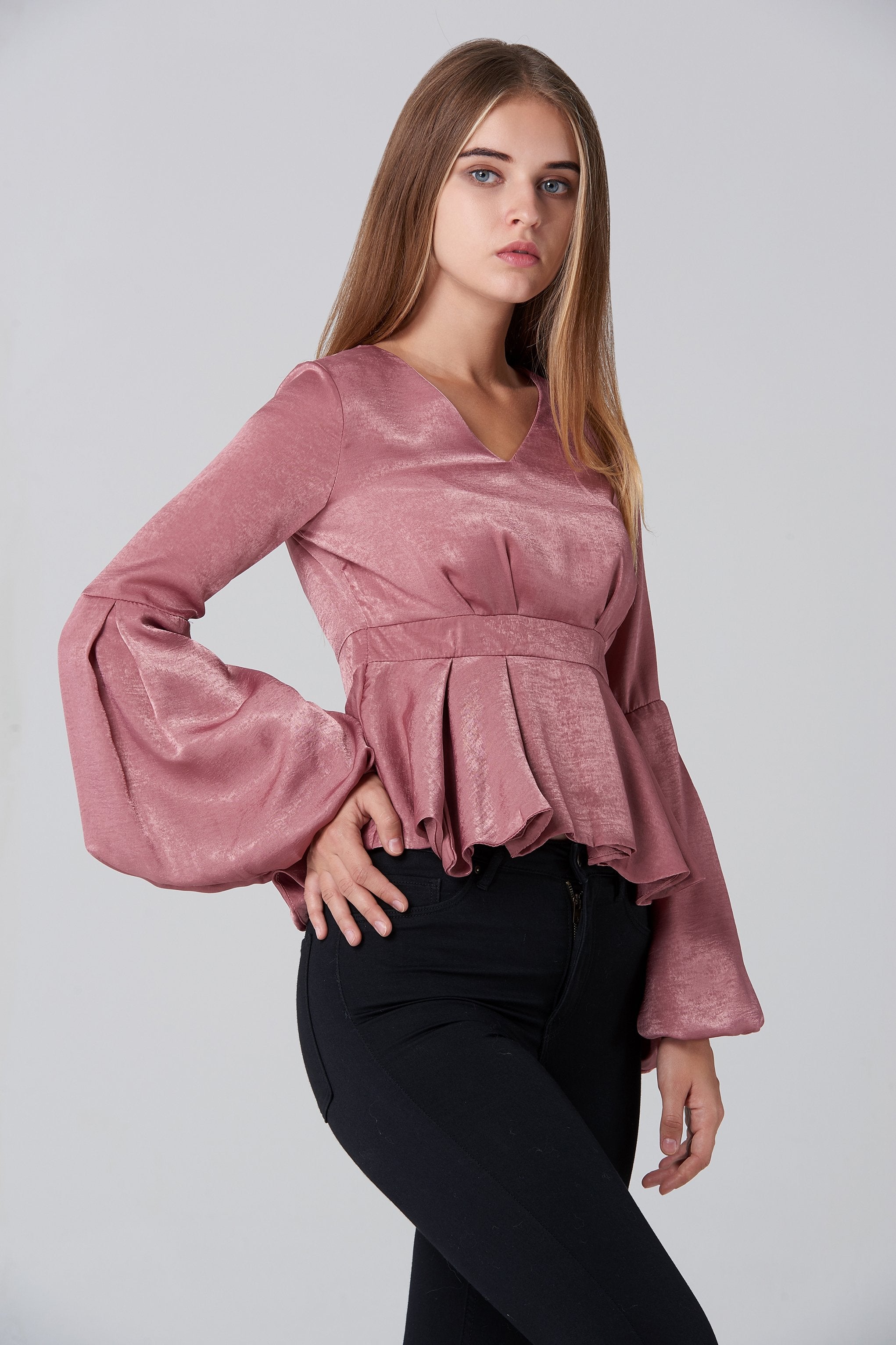 Pink Silk Flare Sleeves Peplum Top