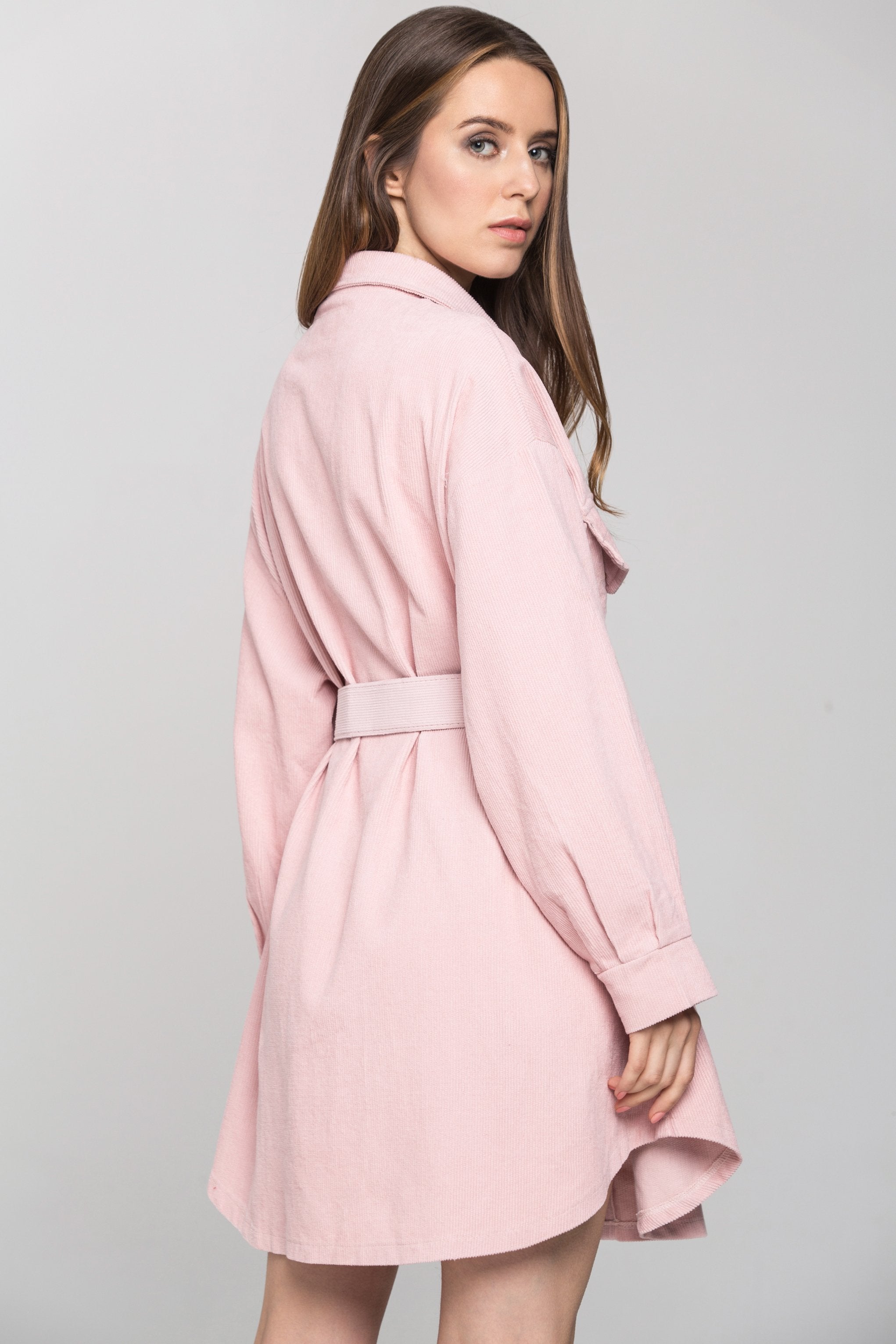 Pink Soft Chord Belted Midi Dress