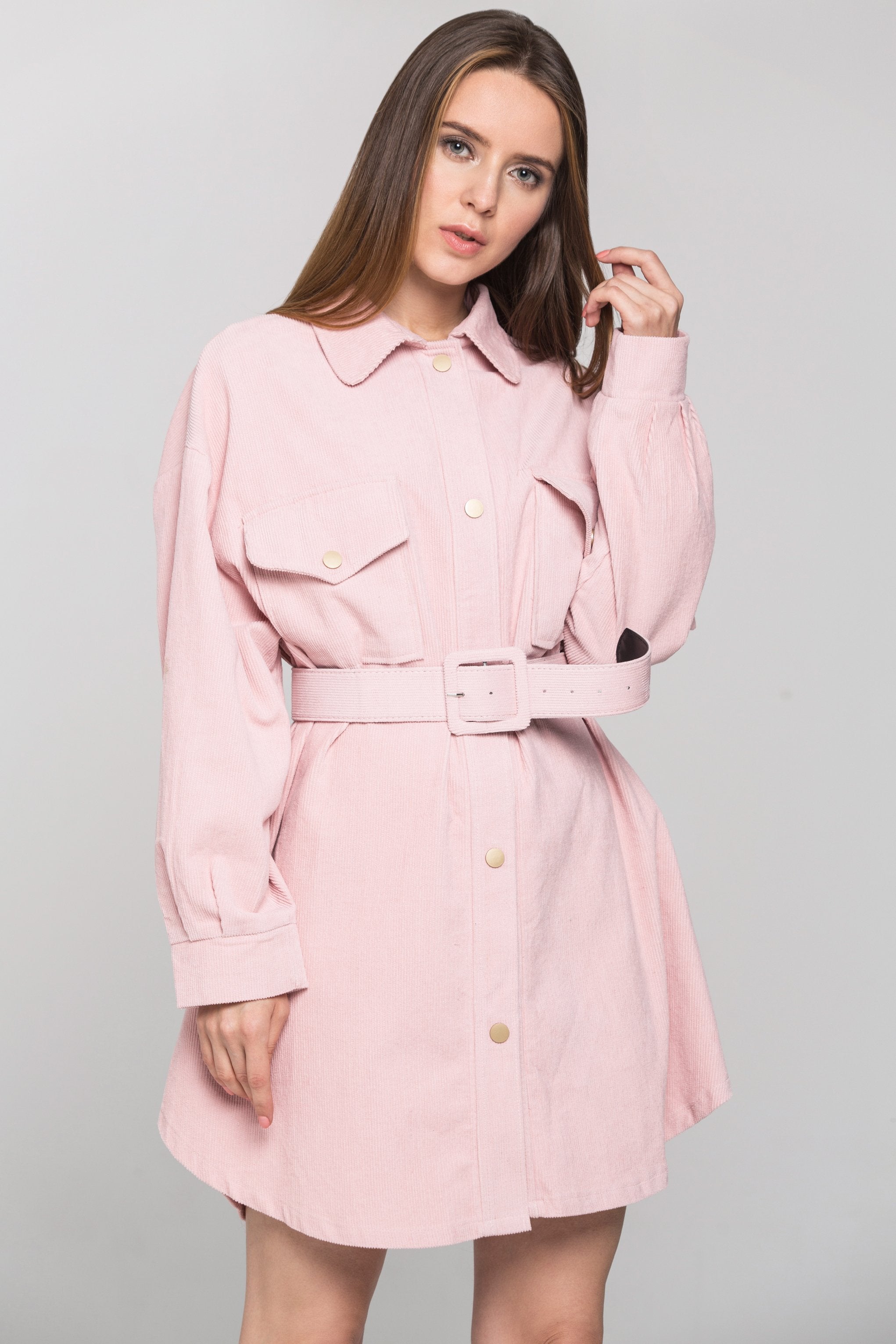 Pink Soft Chord Belted Midi Dress