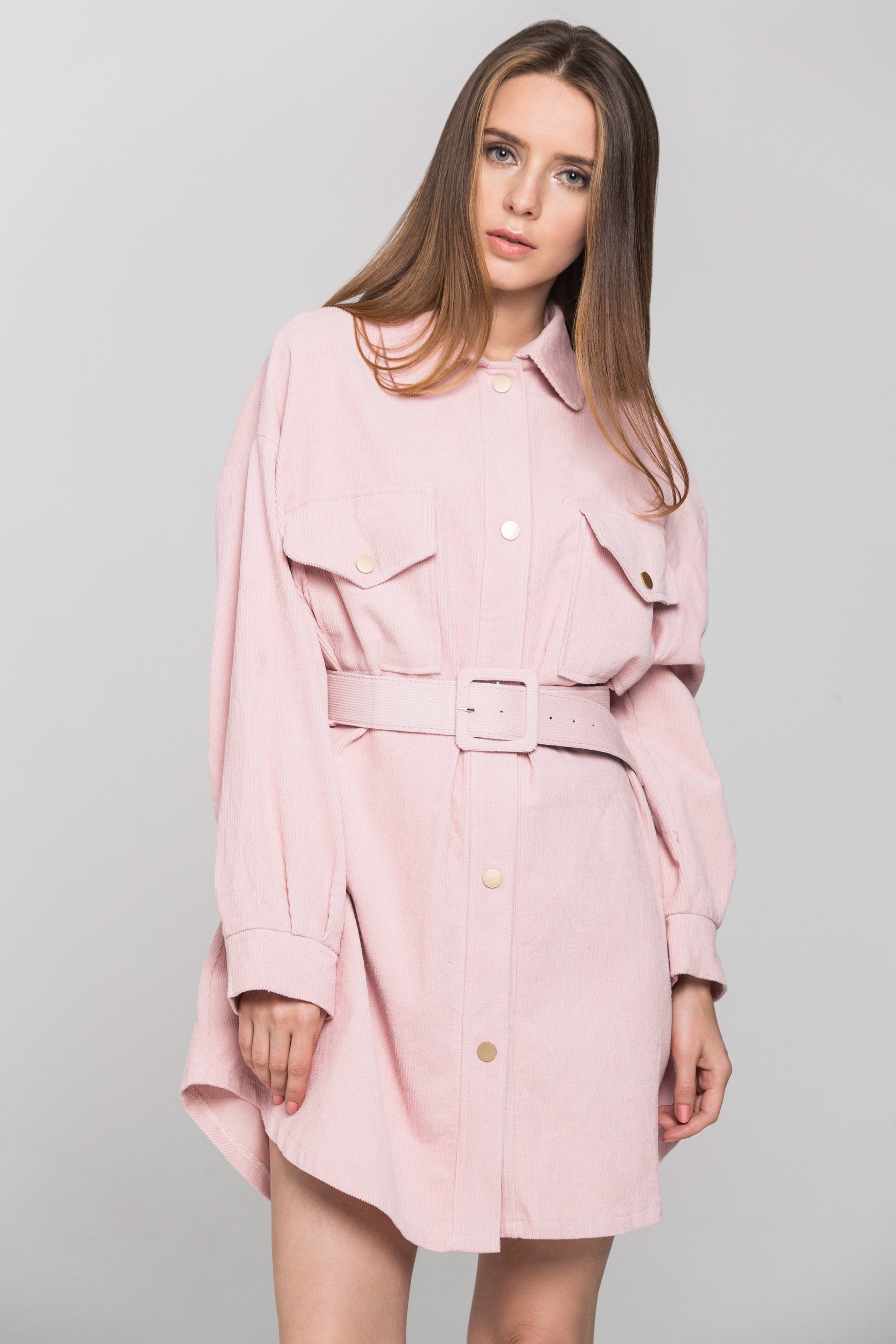 Pink Soft Chord Belted Midi Dress