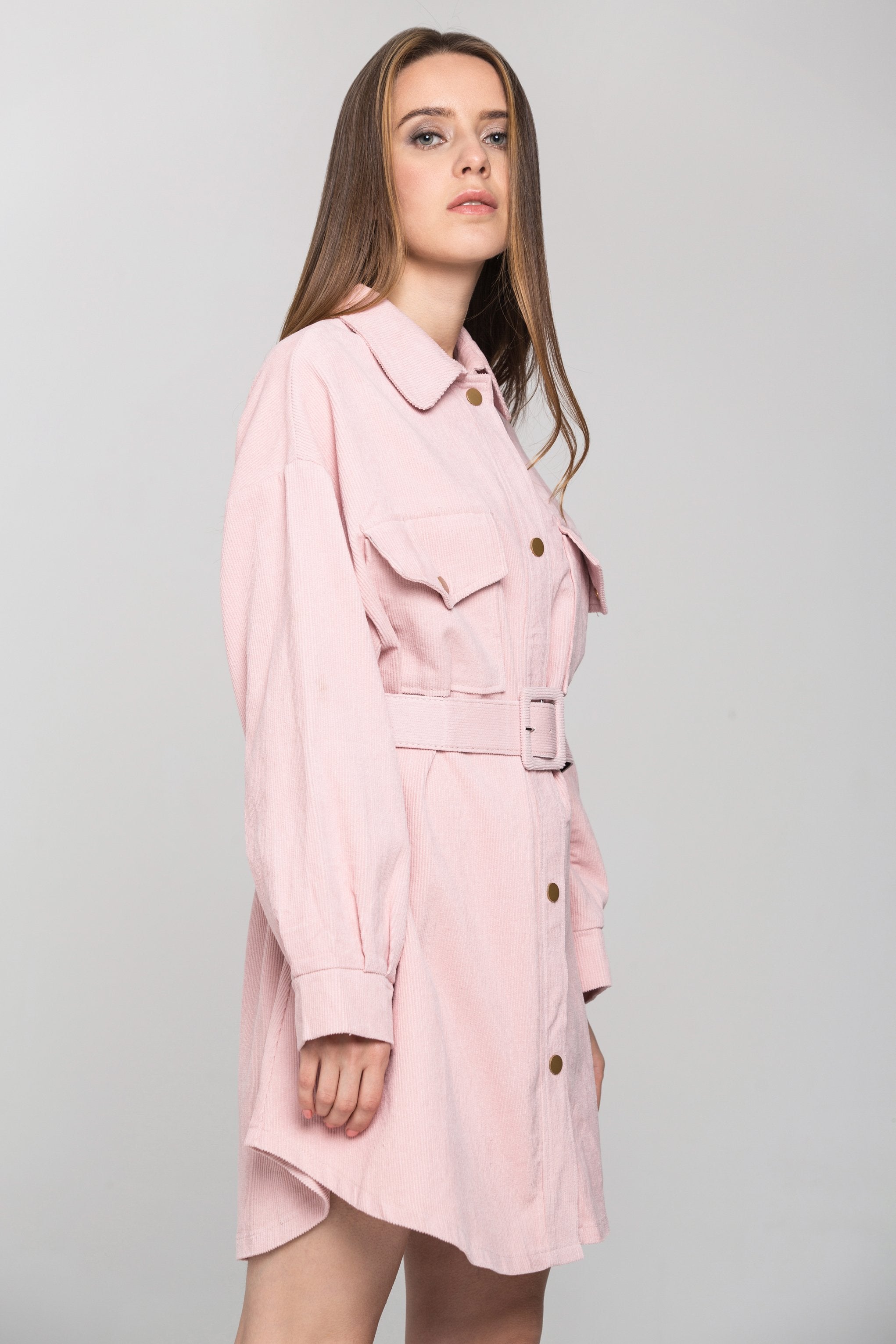 Pink Soft Chord Belted Midi Dress