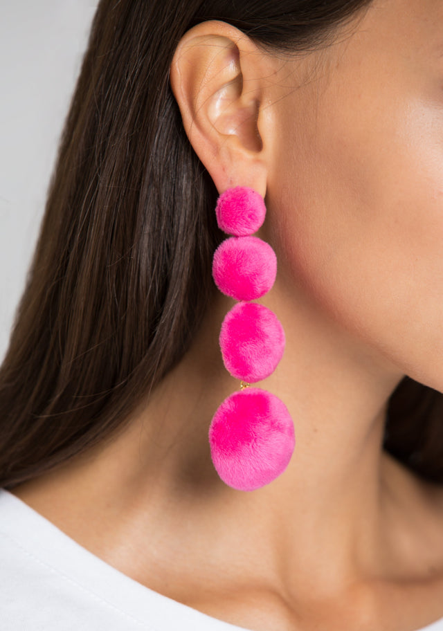 Pink Tiered Fur Button Earrings