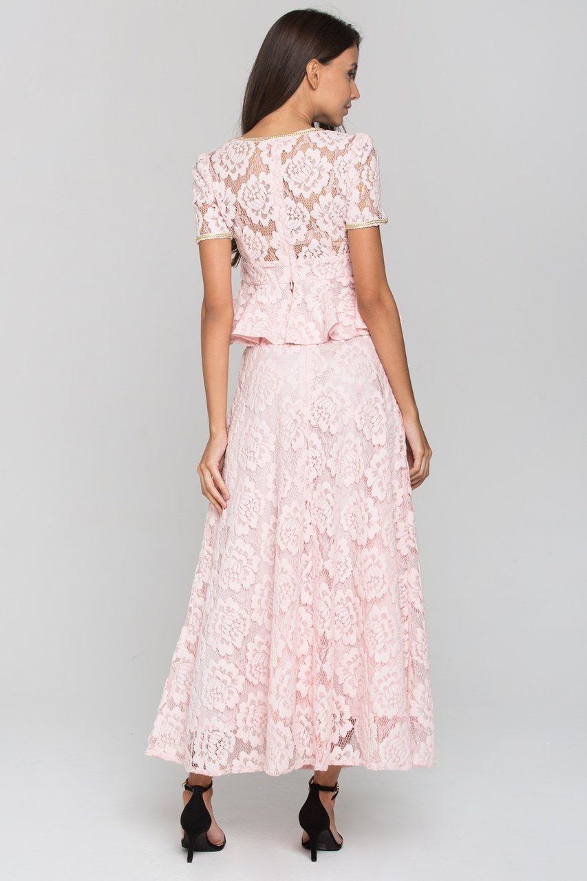 Pink Velvet Flower Lace Midi Dress