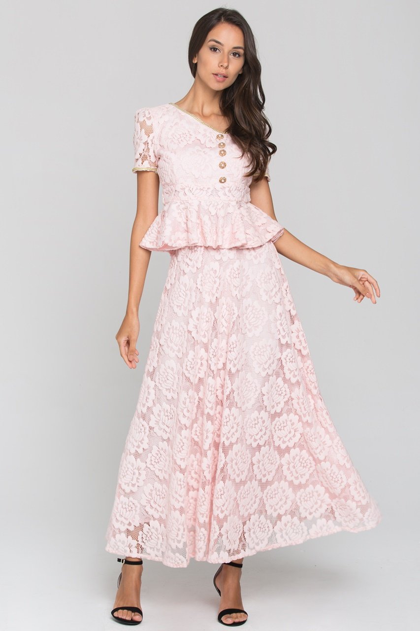 Pink Velvet Flower Lace Midi Dress