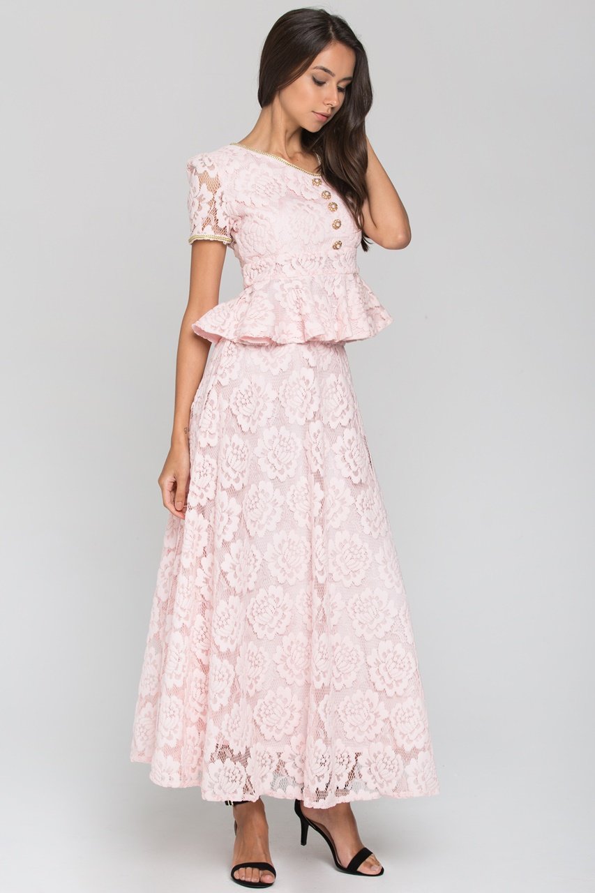 Pink Velvet Flower Lace Midi Dress