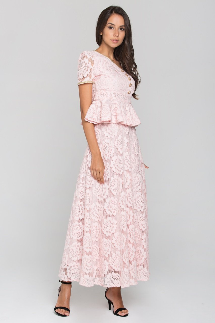 Pink Velvet Flower Lace Midi Dress