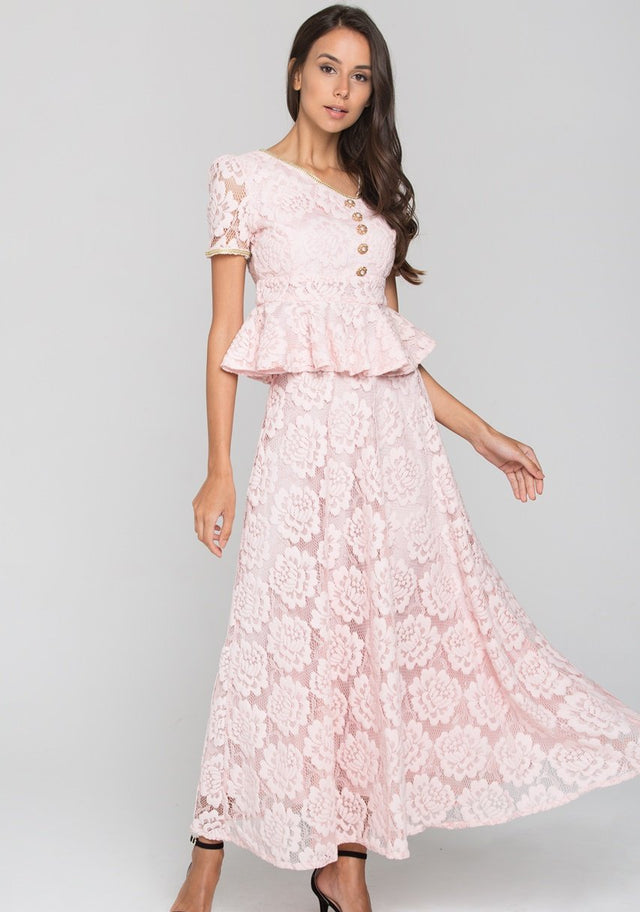 Pink Velvet Flower Lace Midi Dress