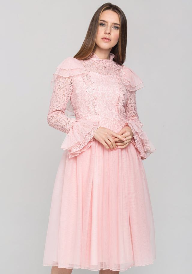 Pink Vintage Ruffle Lace Midi Dress