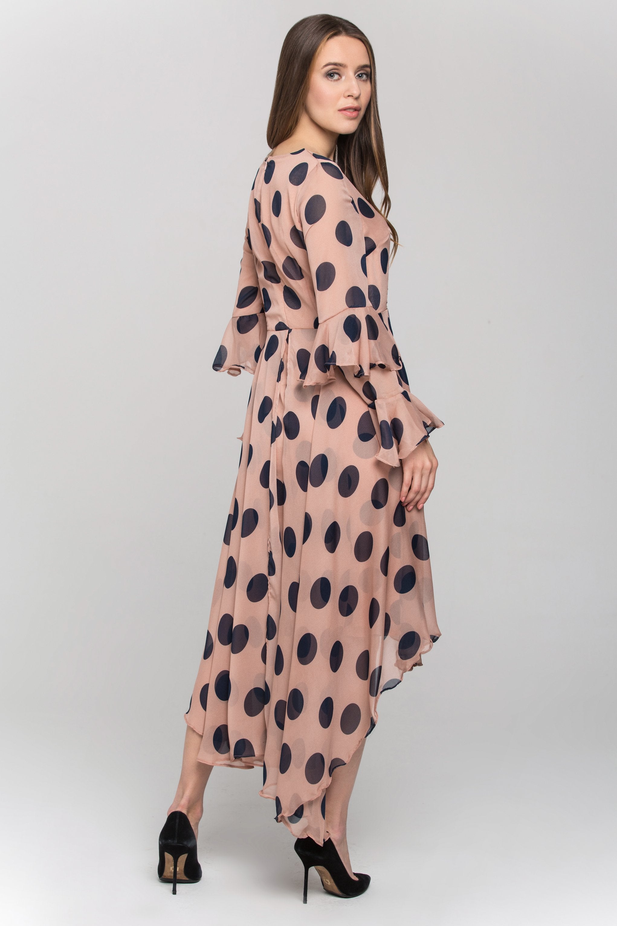 Pink and Blue Polka Dot Ruffled Chiffon Midi Dress
