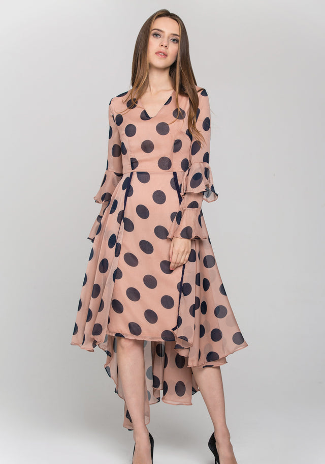 Pink and Blue Polka Dot Ruffled Chiffon Midi Dress