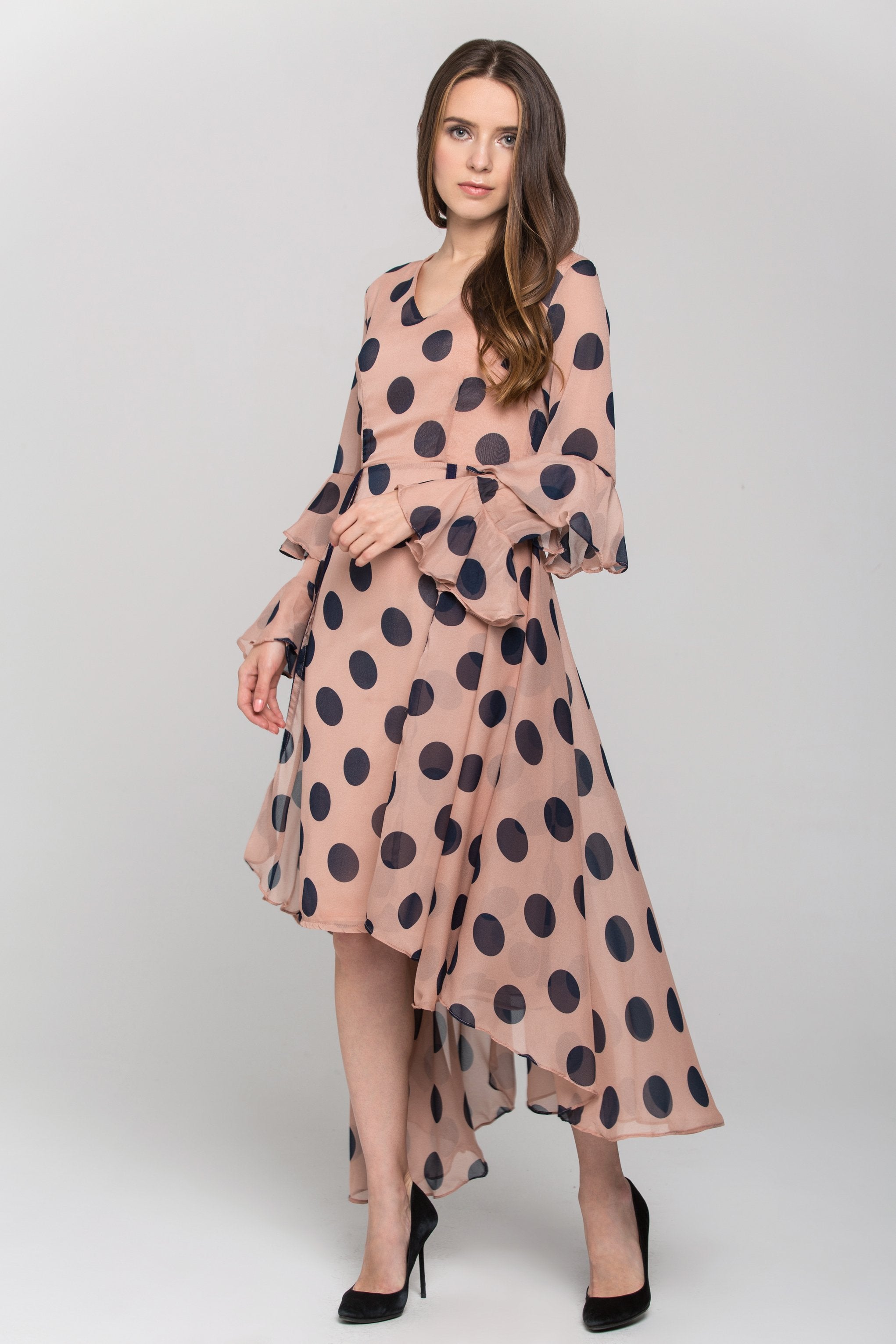 Pink and Blue Polka Dot Ruffled Chiffon Midi Dress