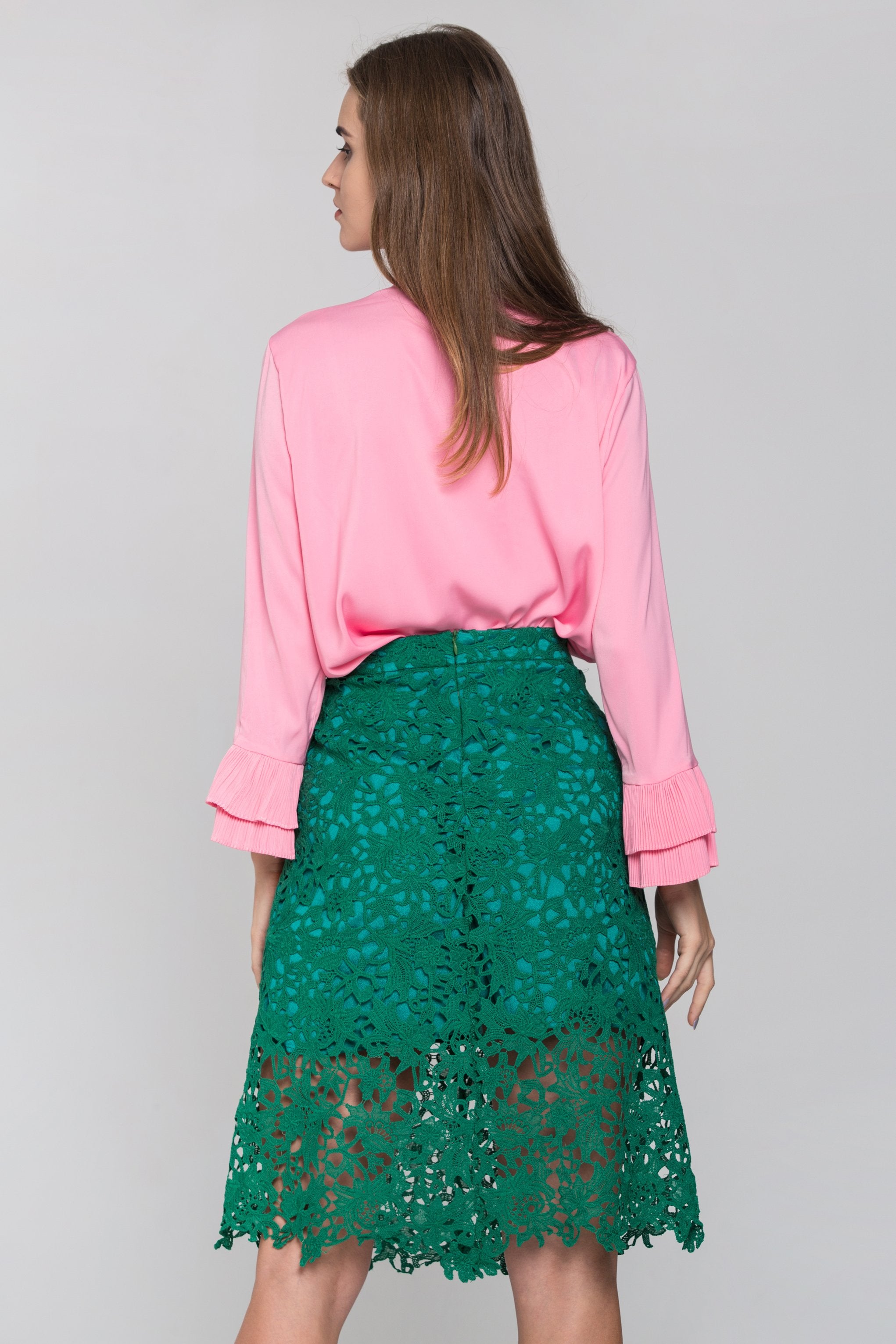 Pink and Green Ruffle Front and Lace Skirt Set