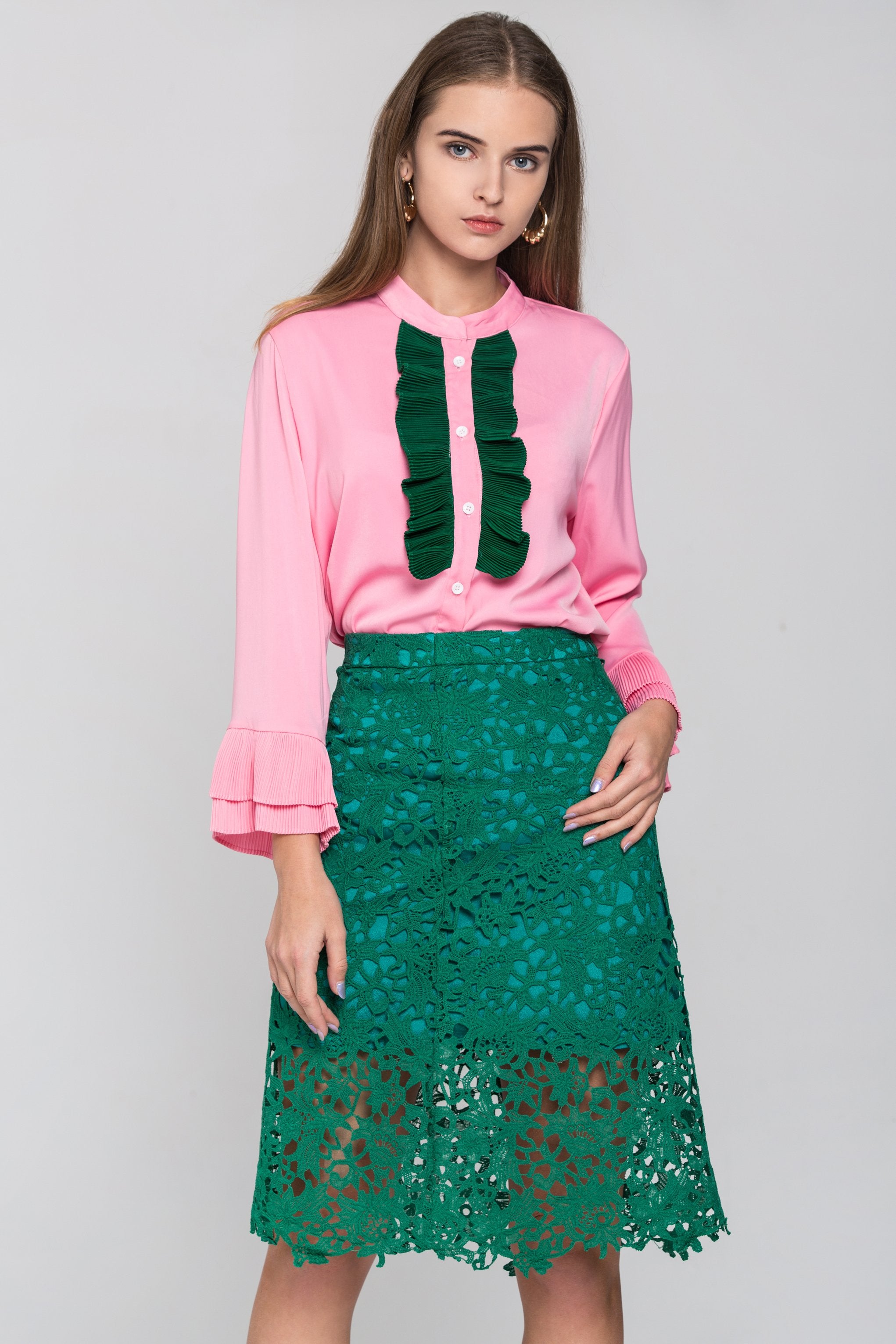 Pink and Green Ruffle Front and Lace Skirt Set