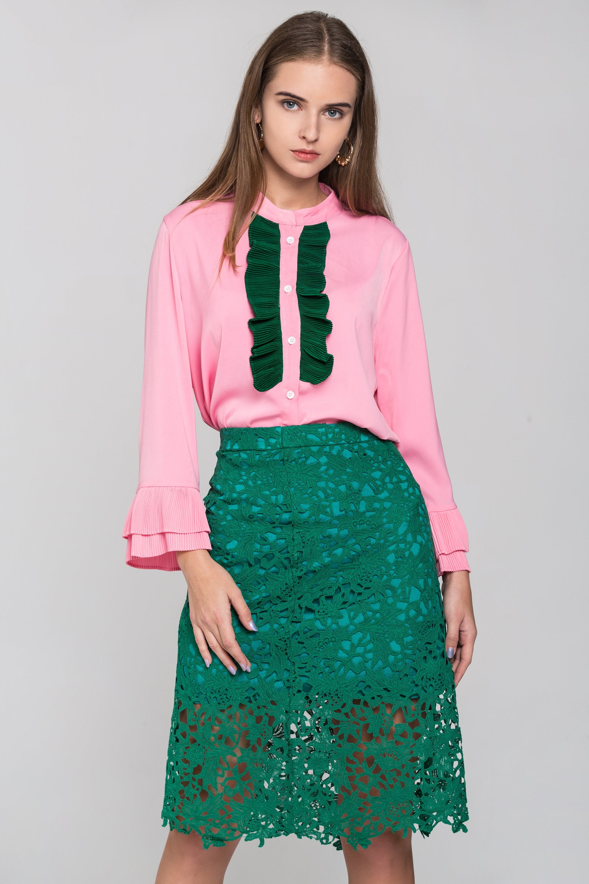 Pink and Green Ruffle Front and Lace Skirt Set