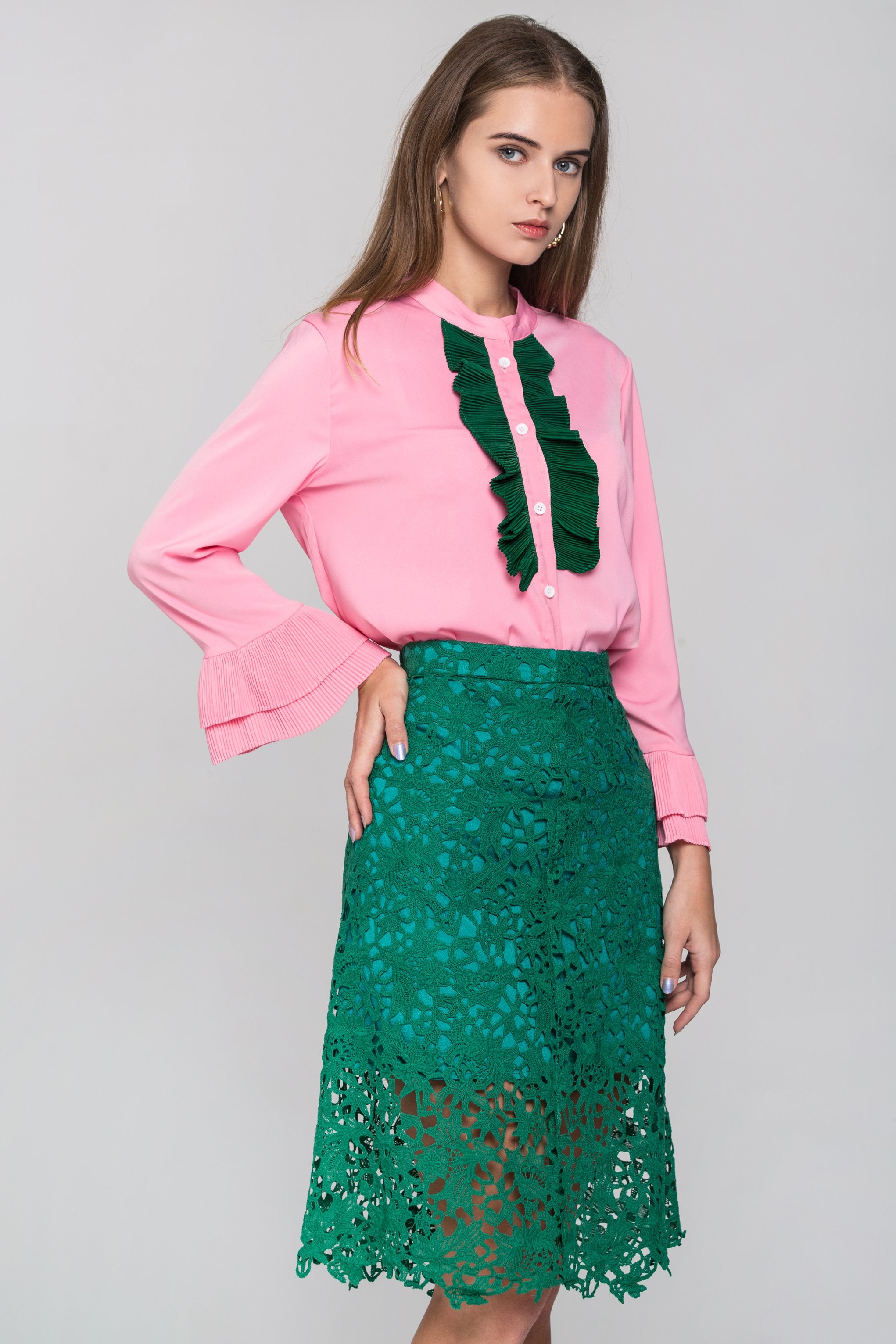 Pink and Green Ruffle Front and Lace Skirt Set