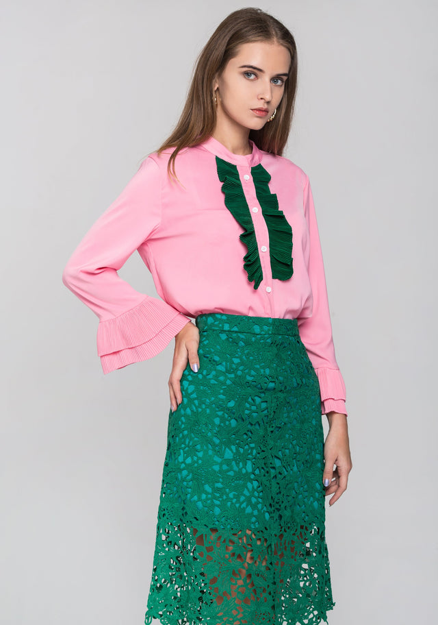 Pink and Green Ruffle Front and Lace Skirt Set