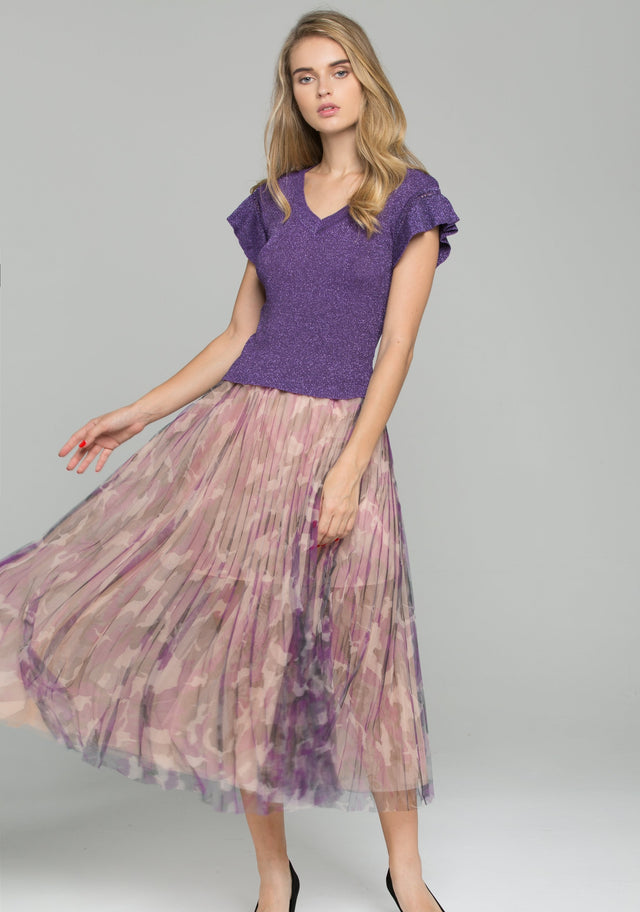 Purple Ruffled Top Chiffon Double Layer Accordion Pleats Midi Skirt Set