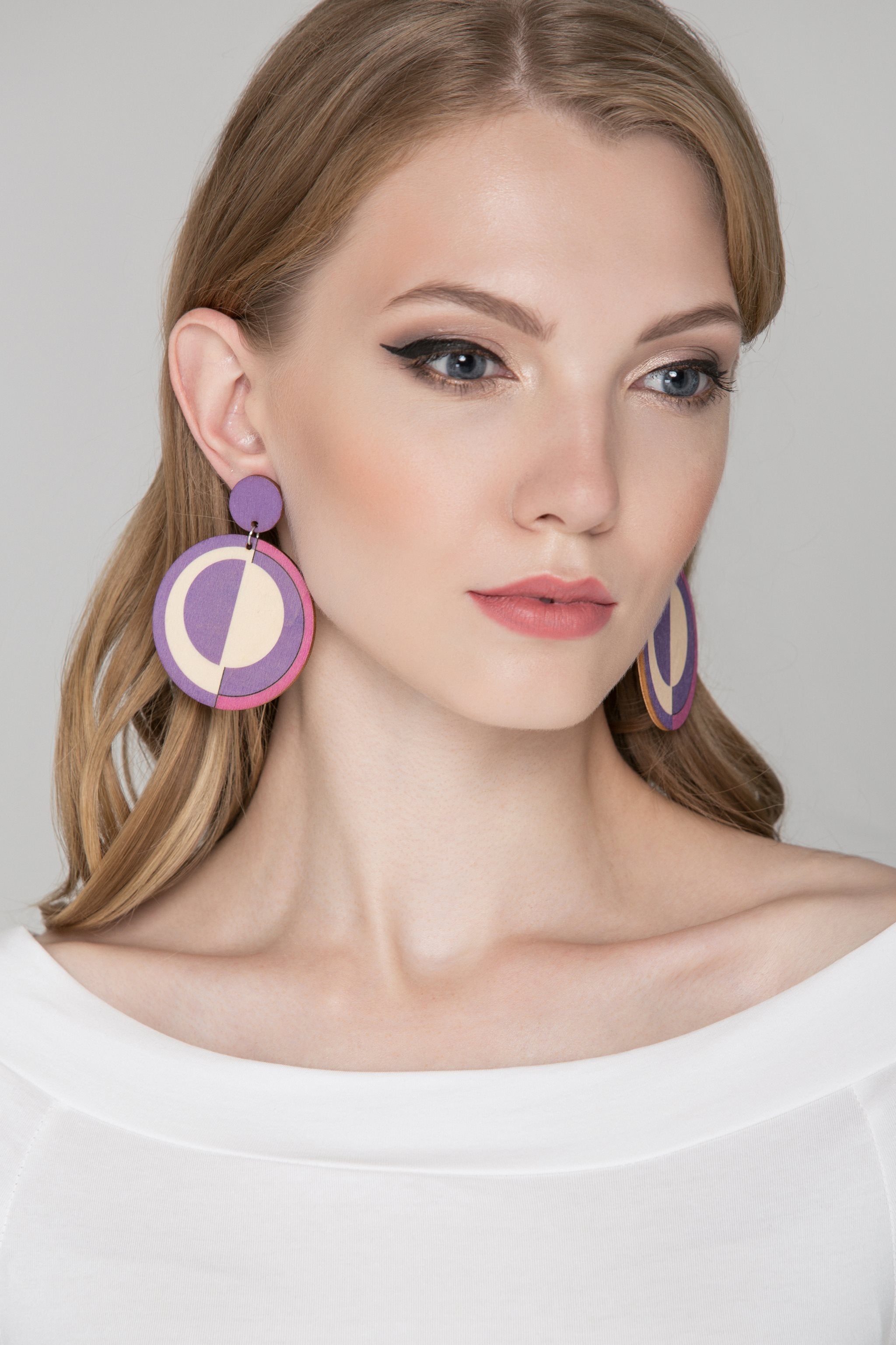 Purple and Pink Wood Disk Earrings