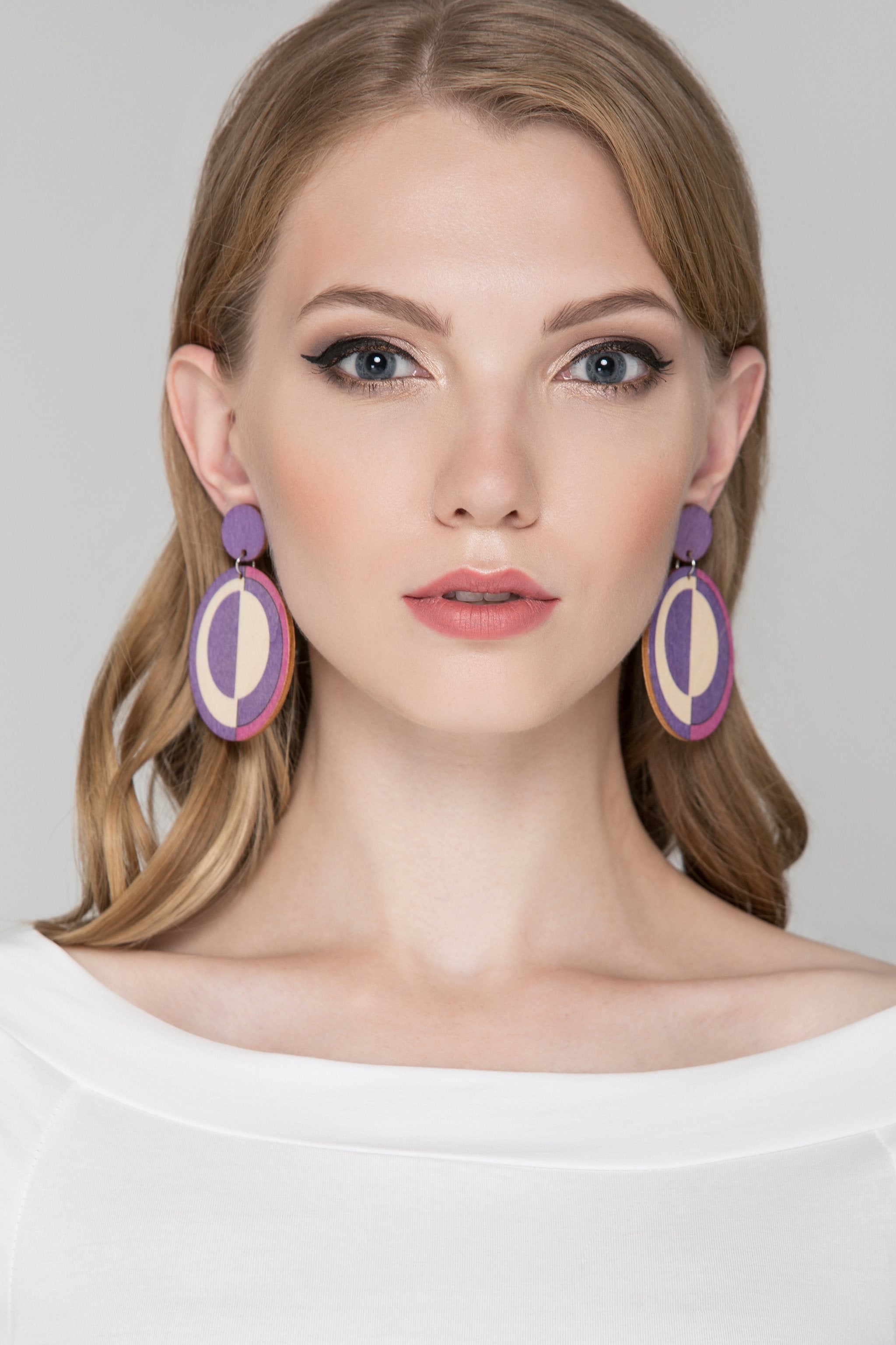 Purple and Pink Wood Disk Earrings