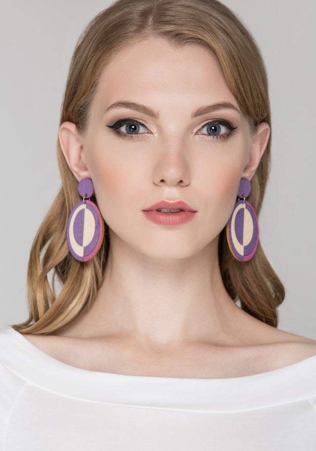 Purple and Pink Wood Disk Earrings