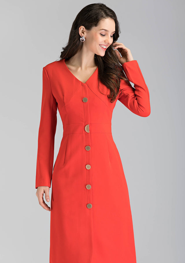 Red Button Up Sleeved Midi Dress