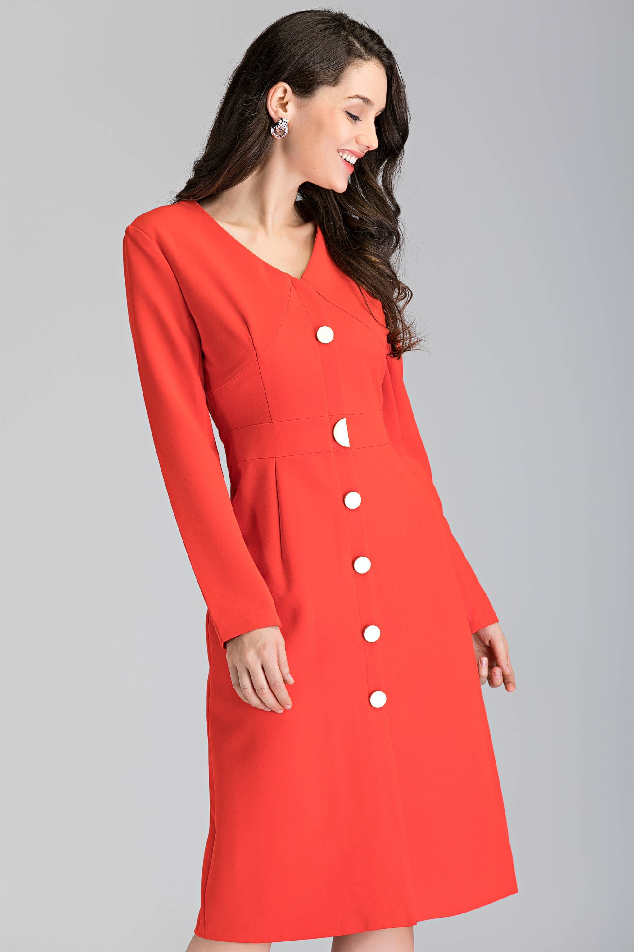 Red Button Up Sleeved Midi Dress