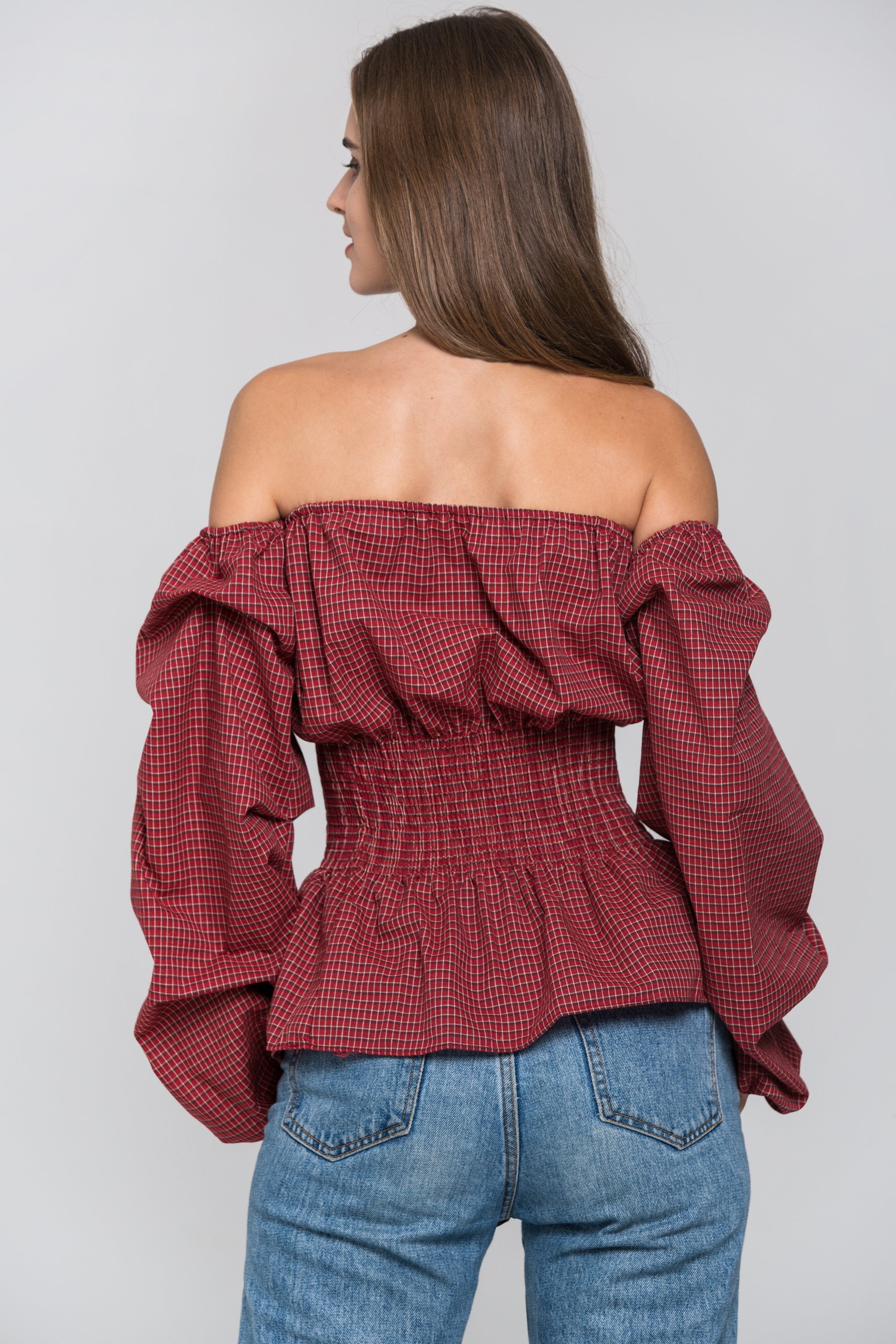 Red Check Smocked Waist Off The Shoulder Top