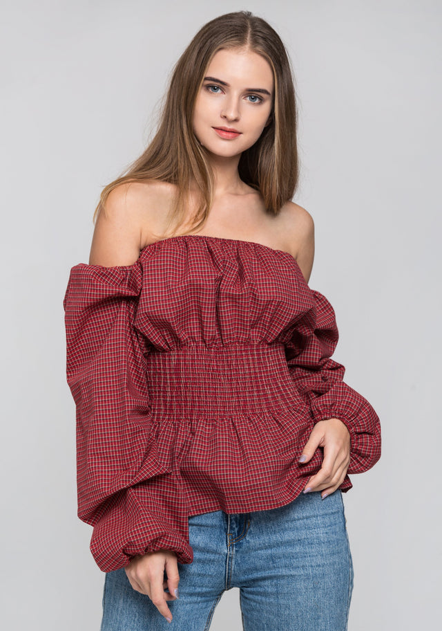 Red Check Smocked Waist Off The Shoulder Top