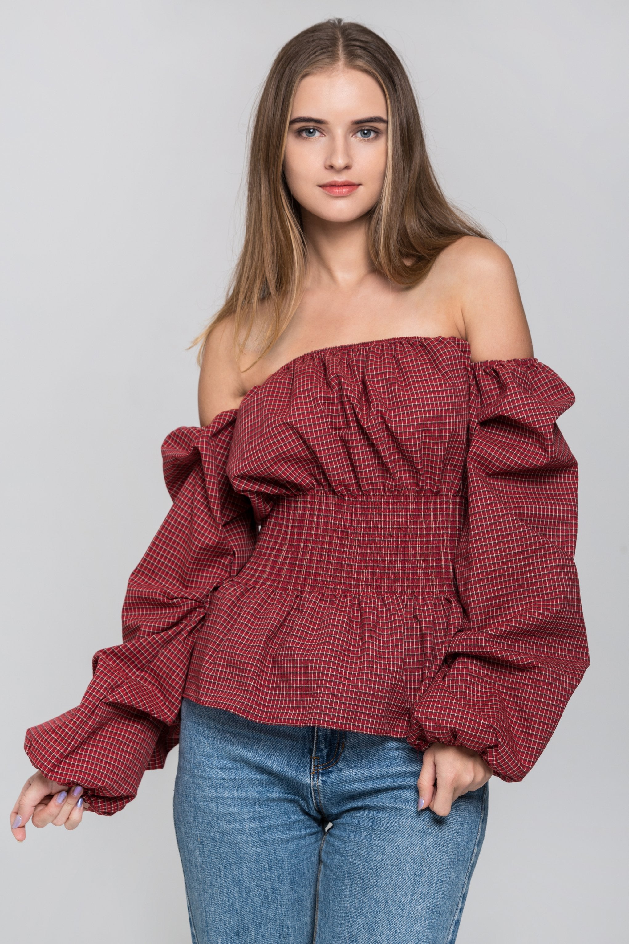 Red Check Smocked Waist Off The Shoulder Top