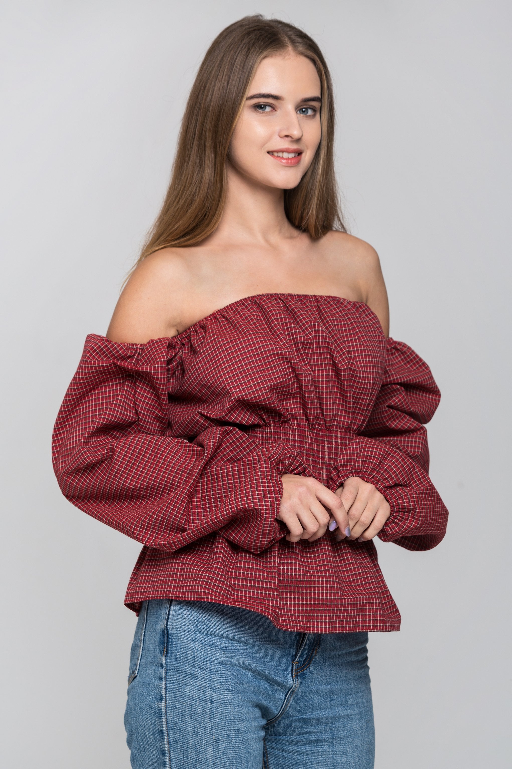 Red Check Smocked Waist Off The Shoulder Top