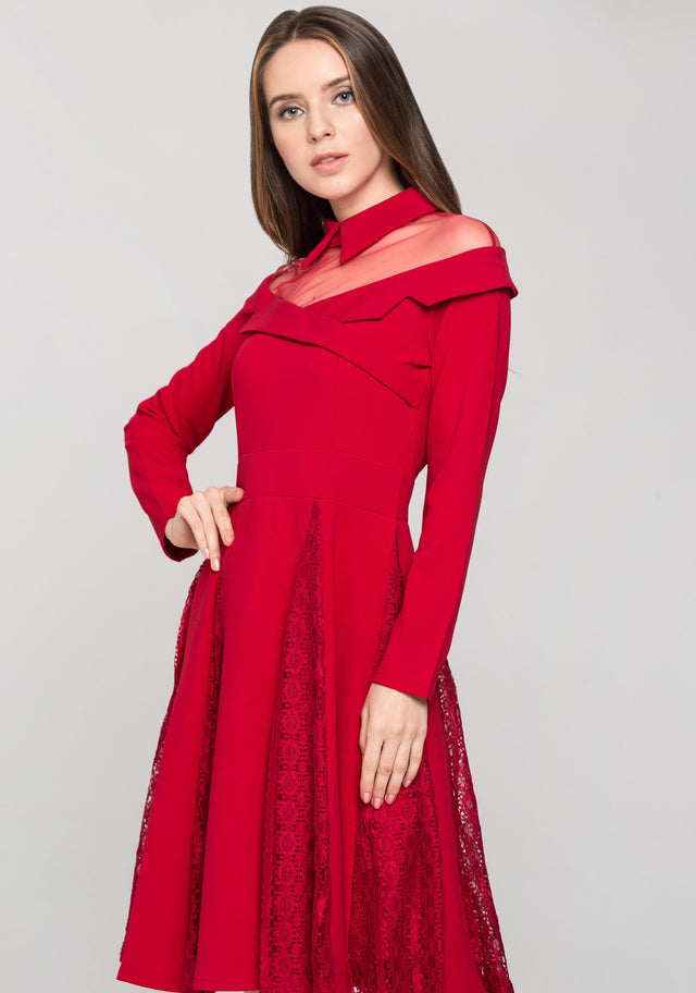 Red Collared Sheer Yoke Sleeved Princess Midi Dress