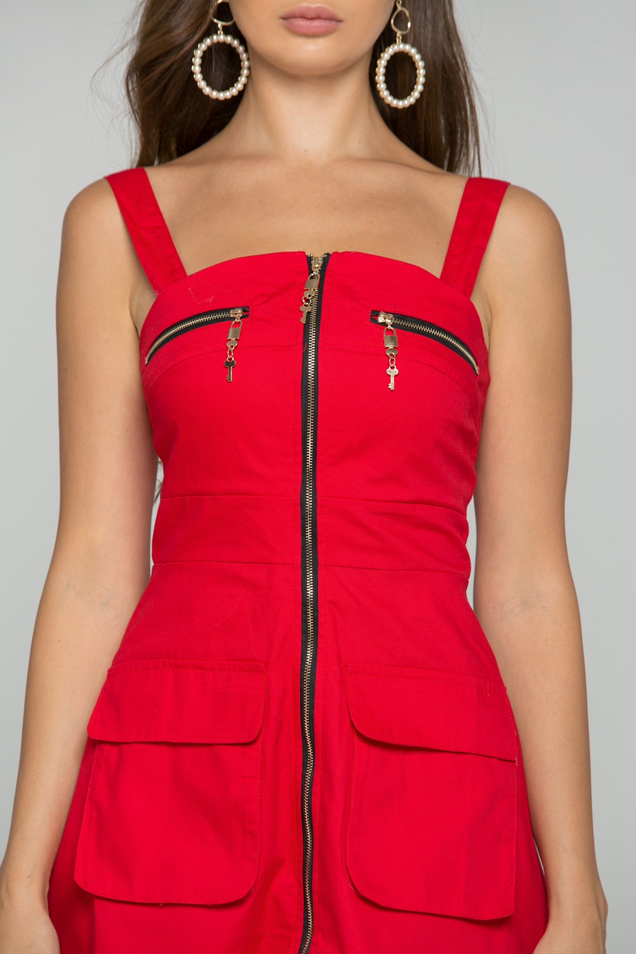 Red Cotton Gold Zipper Front and Back Pocket Mini Dress