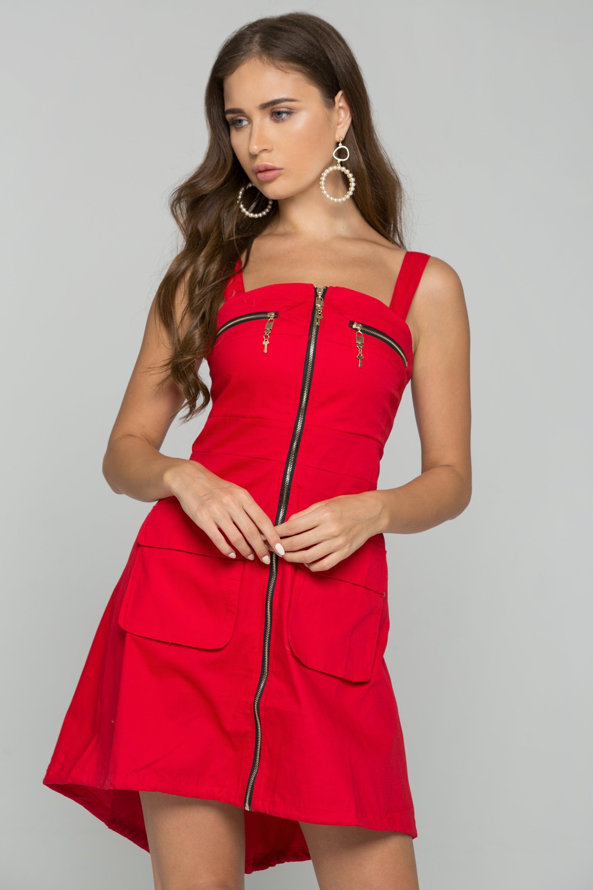 Red Cotton Gold Zipper Front and Back Pocket Mini Dress