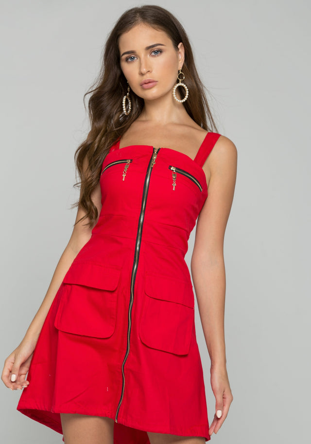 Red Cotton Gold Zipper Front and Back Pocket Mini Dress
