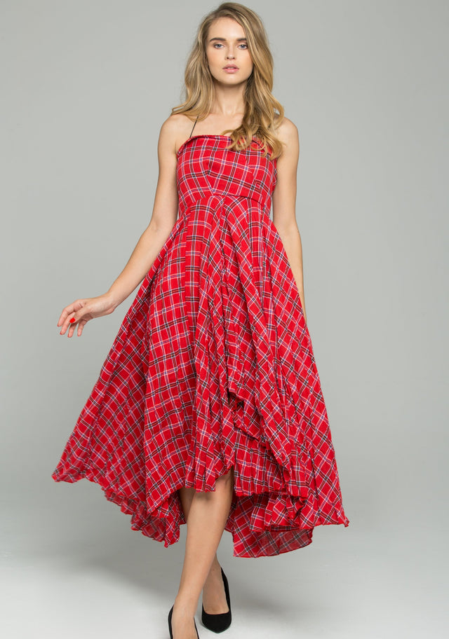 Red Cotton Spaghetti Strap Plaid Print Asymmetrical Midi Dress