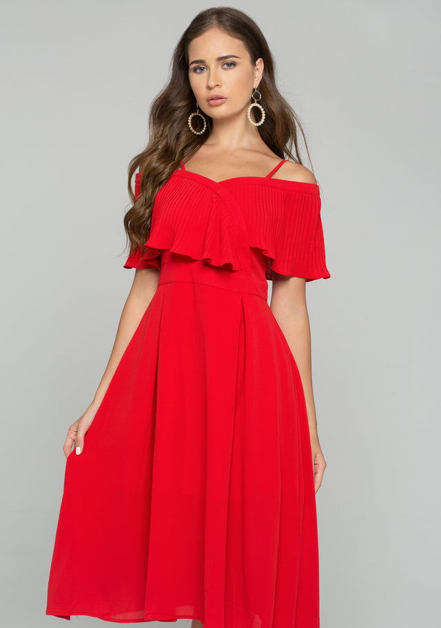 Red Spaghetti Strap Front Ribbed Ruffle Trim Mini Dress