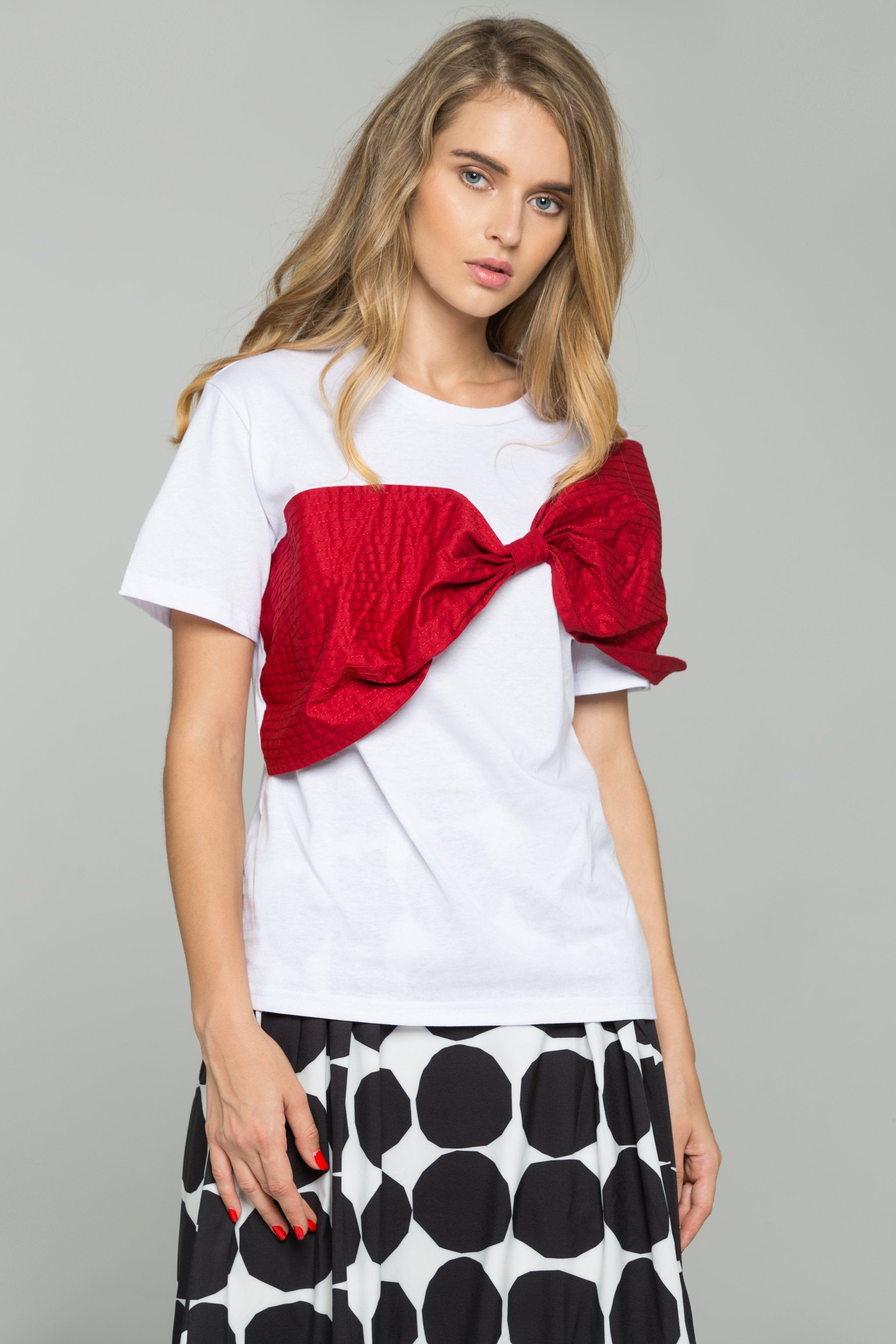 Red Crepe Textured Fabric Bow Over White T-Shirt